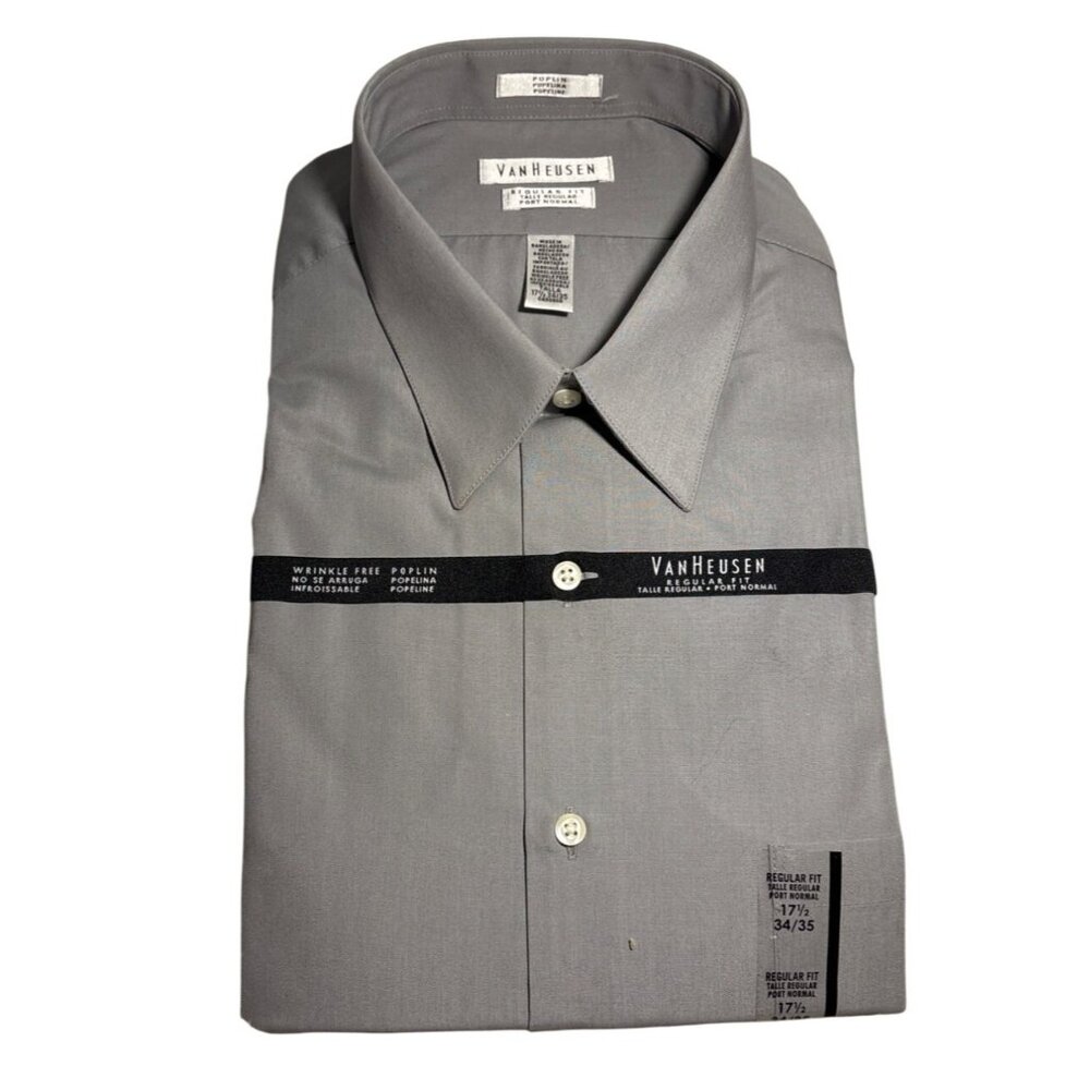 Van Heusen Shirt Men Regular Fit Wrinkle Free Poplin Dress Shirt 17.5 34/35 Gray